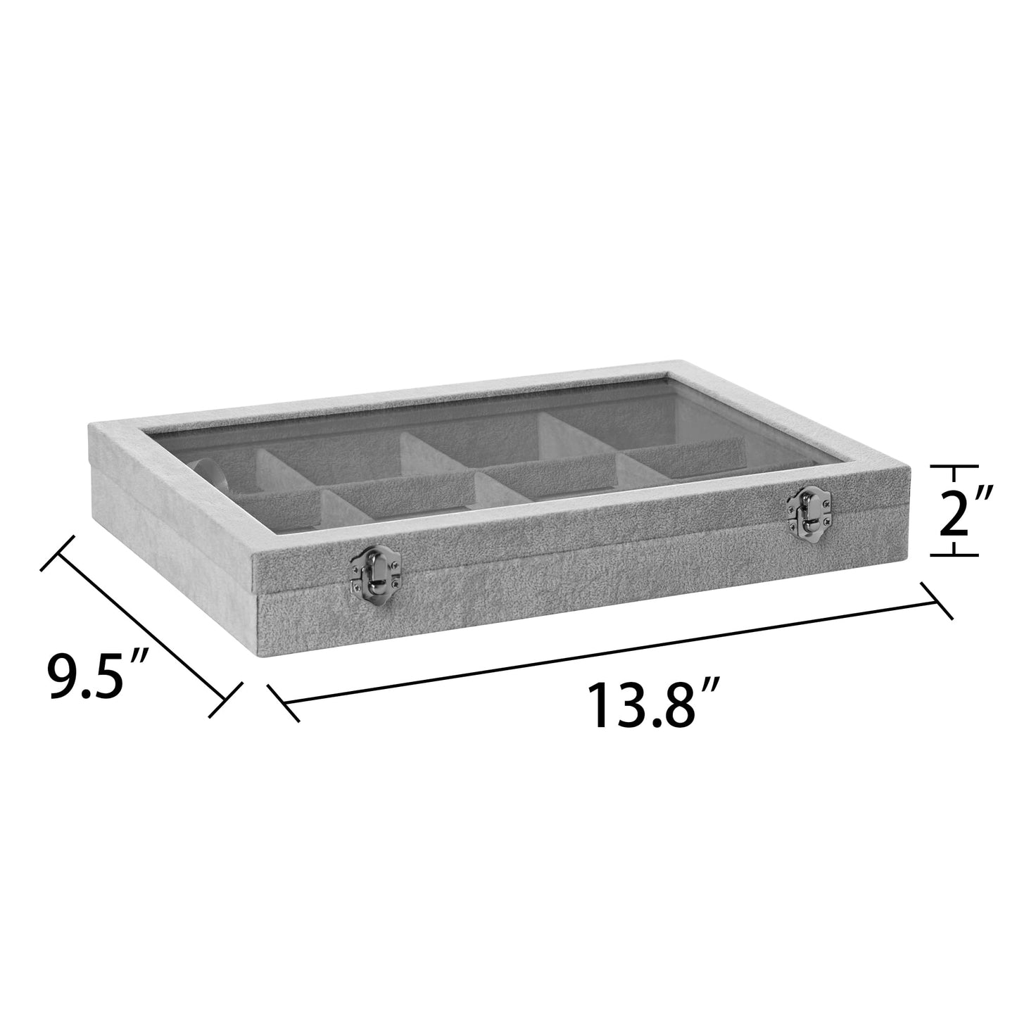 Frebeauty Velvet Jewelry Tray,12 Grid Jewelry Organizer with Clear Lid,Bracelets Holder,Jewelry Display Case with Clasp,Drawer Insert Bangle Brooch,13.8 x 9.5 x 2 Inches,Gift for Women Girls(Grey)
