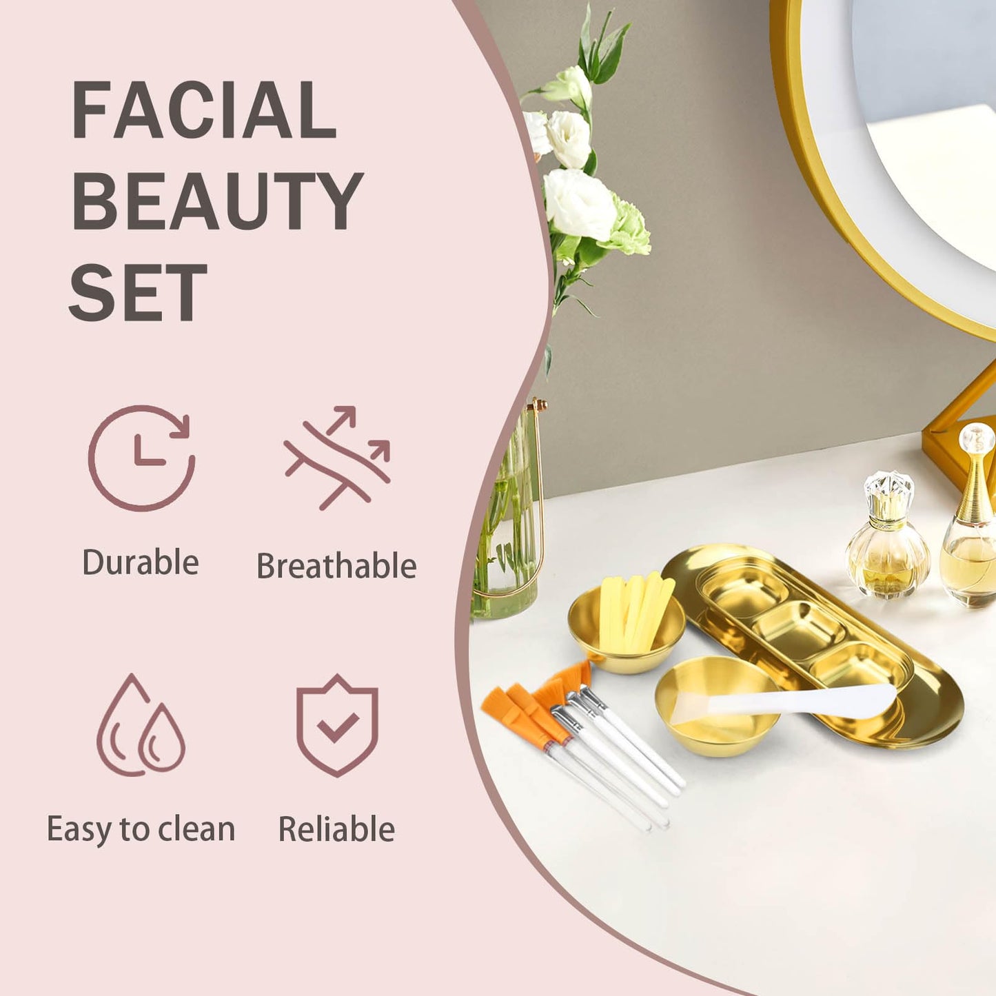 24 Pieces Facial Bowls and Brushes Set for Esthetician Supplies, Flat & Fan Brush for Facial with Mixing Bowls, Serving Tray, Spatula & Compressed Sponge, Face Applicator Tool (Gold, White and Yellow)