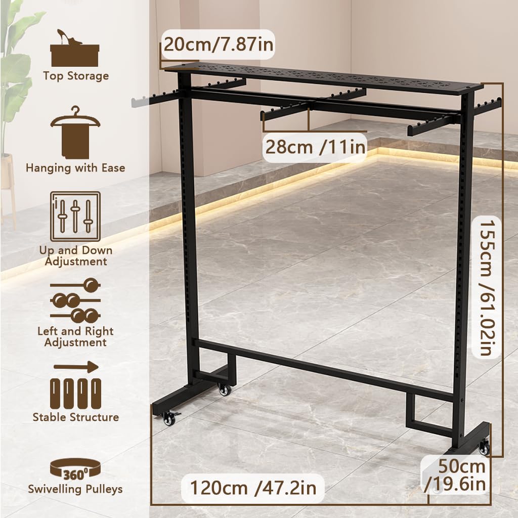 VITNSVILE Black Clothing Racks with Removable 6/8 Arms Floor Standing Metal Garment Rack with Wheels Heavy Retail Display Racks Shirt Clothes Display Stand for Boutiques (59 * 19.6 * 61.02in)