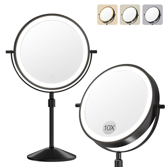 Garvee Lighted Makeup Mirror, Rechargeable Height Adjustable Double Sided Mirror, 1x/10x True HD Magnifying with 3 Color, Brightness Adjustable, 360° Rotation Vanity, Gift for Women, Black