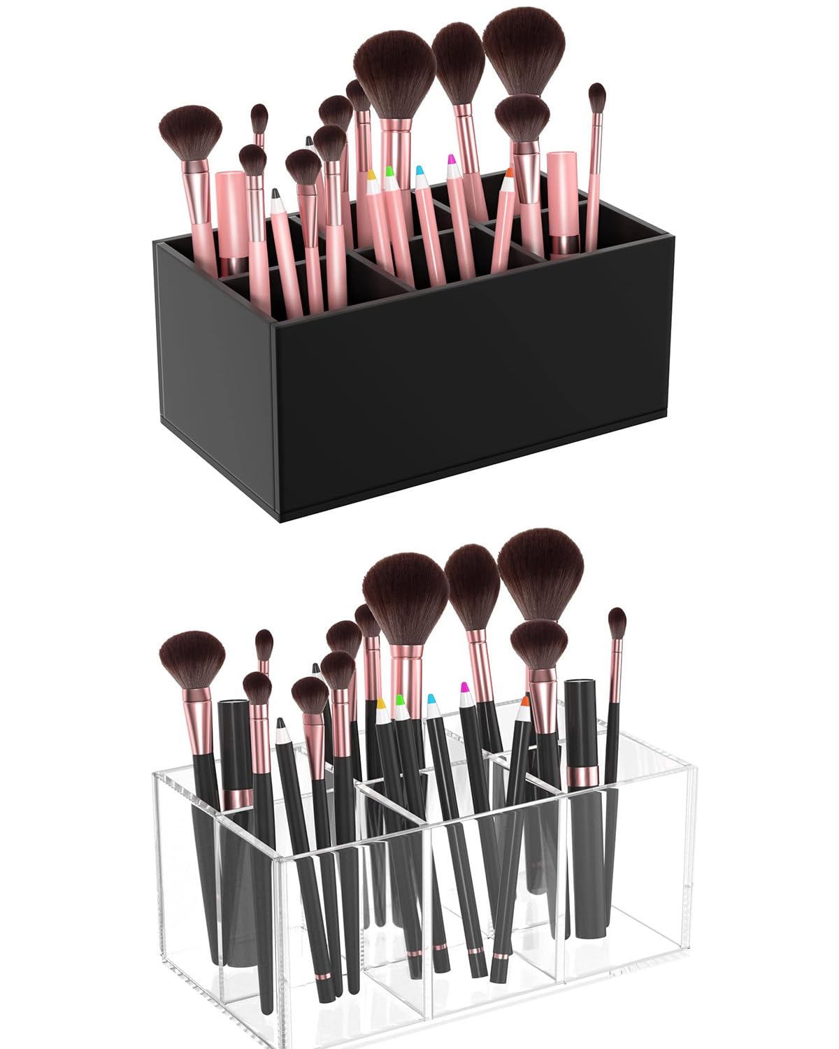HIIMIEI Black Makeup Brush Holder Organizer Acrylic 6-Slots Cosmetic Brushes Storage Organizer for Vanity Countertop