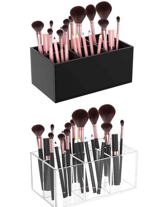 HIIMIEI Black Makeup Brush Holder Organizer Acrylic 6-Slots Cosmetic Brushes Storage Organizer for Vanity Countertop