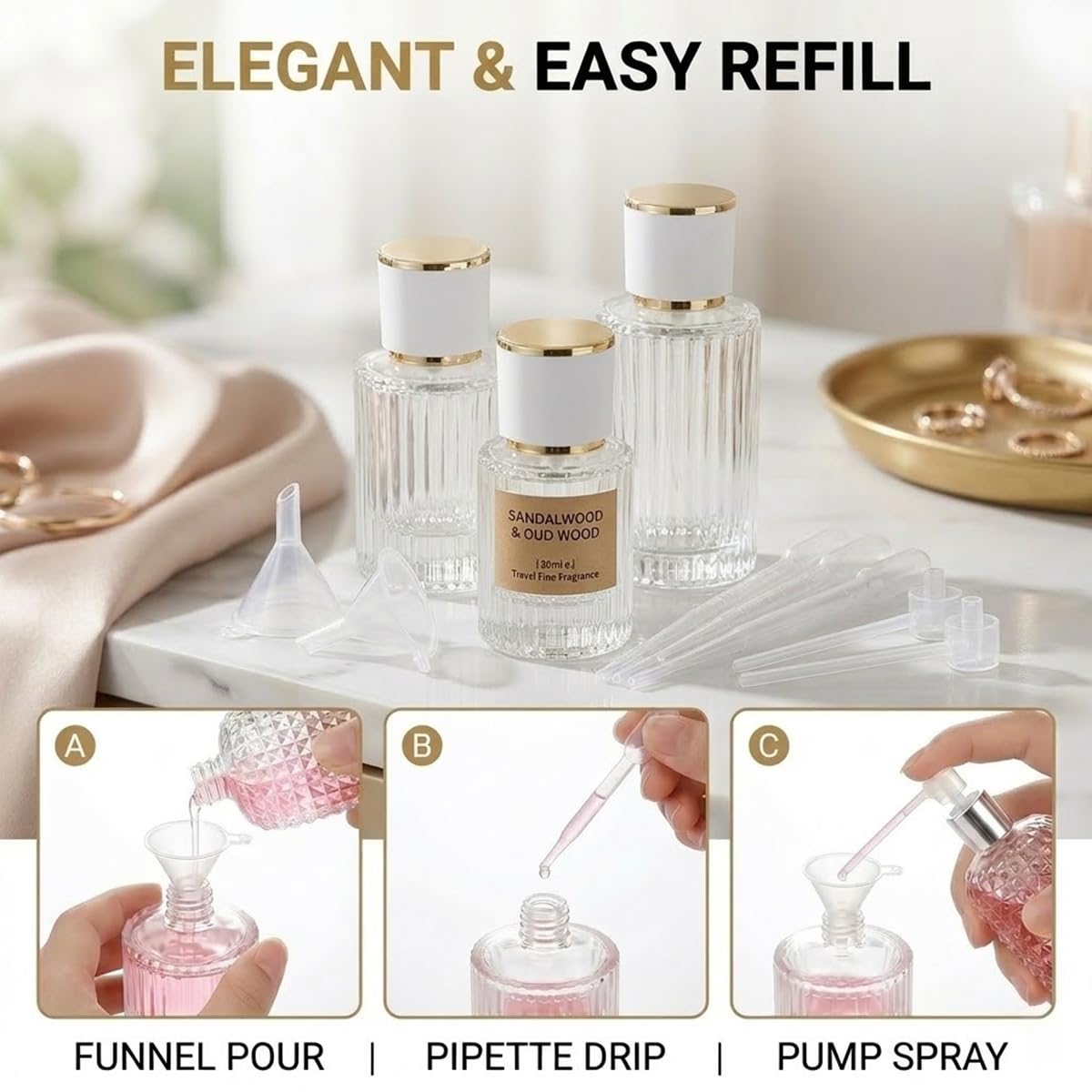 100ml Empty Perfume Spray Bottles, 3 Pack Ribbed Glass Atomizer Bottle Refillable Portable Glass Atomizers with Funnel and Dropper, Fine Mist Spray for Women Men Dispenser Fragrance Container Set