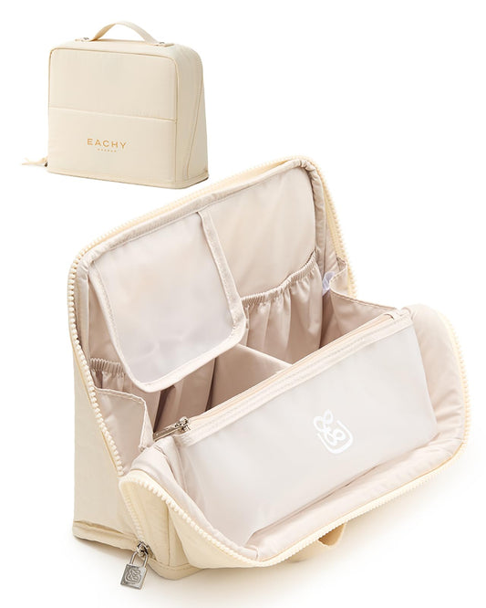 EACHY Standing Makeup Bag - Large Waterproof Cosmetic Bag & Toiletry Bag Organizer with Phone Holder, Detachable Dividers, Wipe-Clean Brush Pouch for Women