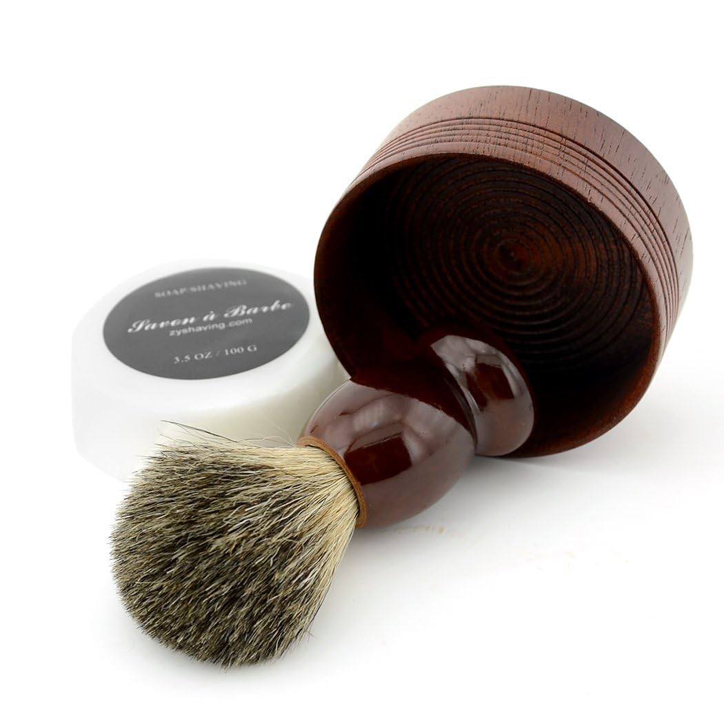 Grandslam Pure Badger Hair Shaving Brush Natural Wood Mug Bowl Hand-Made Soap Barber Set
