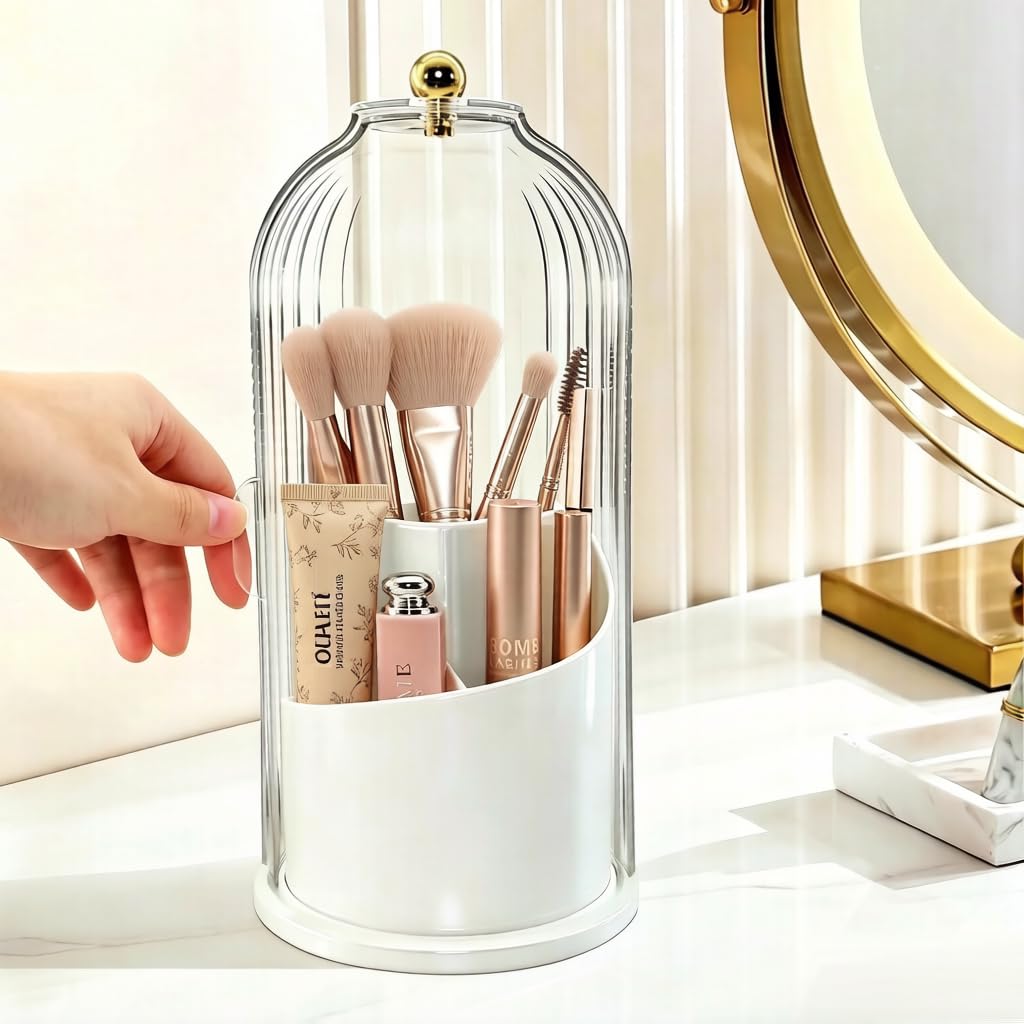 Bilziviro Makeup Brush Holder with 360° Rotating Lid, Covered Cosmetic Brush Organizer for Vanity, Bathroom Countertop Toothbrush Holder, Dustproof, Waterproof, Easy to Clean