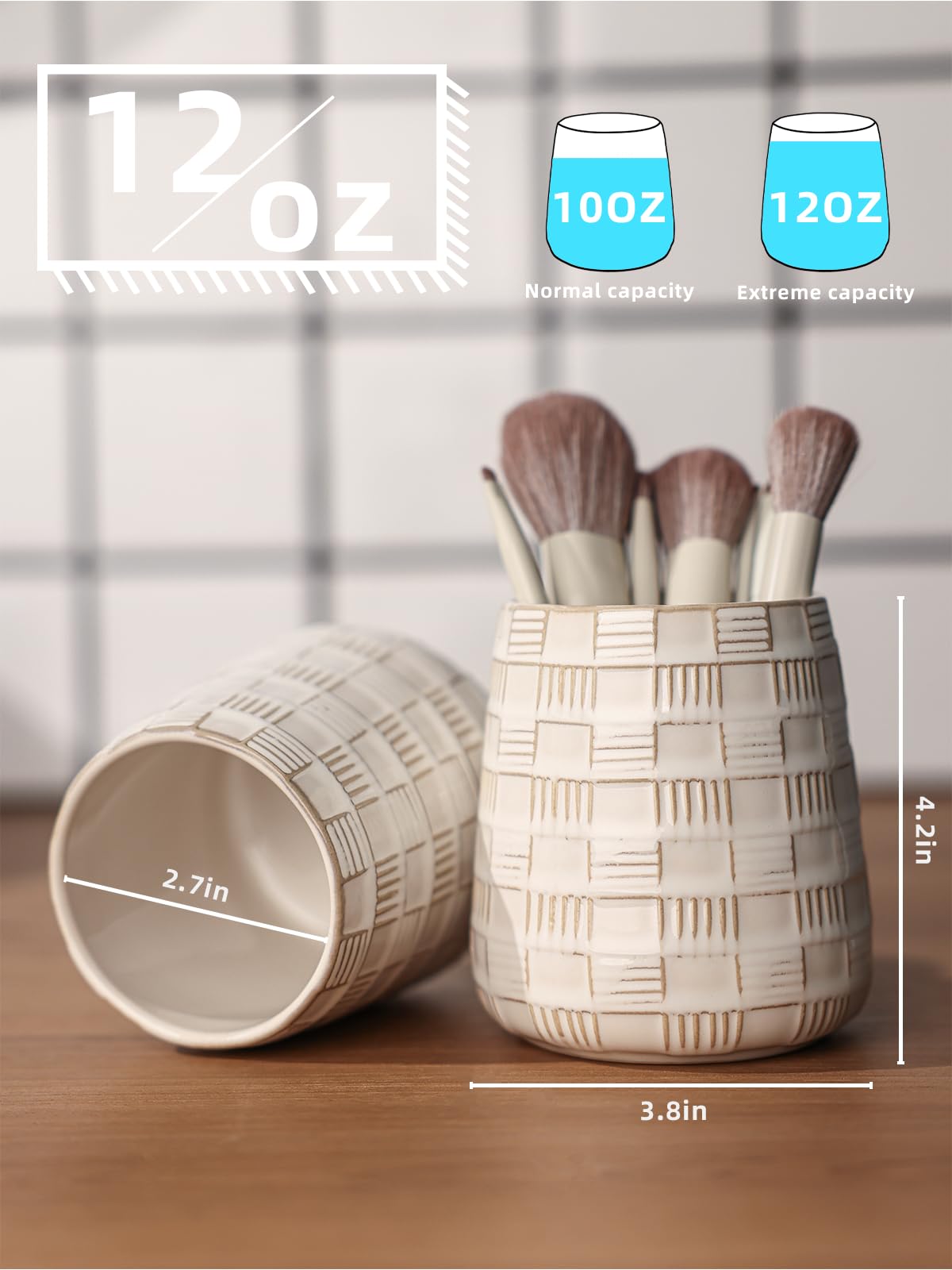 QUXIJA Makeup Brush Holders Bathroom Vanity, Ceramic Brushes Cup (Vintage White)