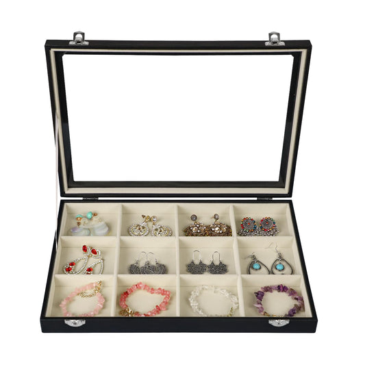 Stratalife Jewelry Organizer Bracelet Holder Organizer Box Earring Storage Drawer Jewelry Display Anti Tarnish Ring Holder For Women Girls 12 Grid (Beige Black)
