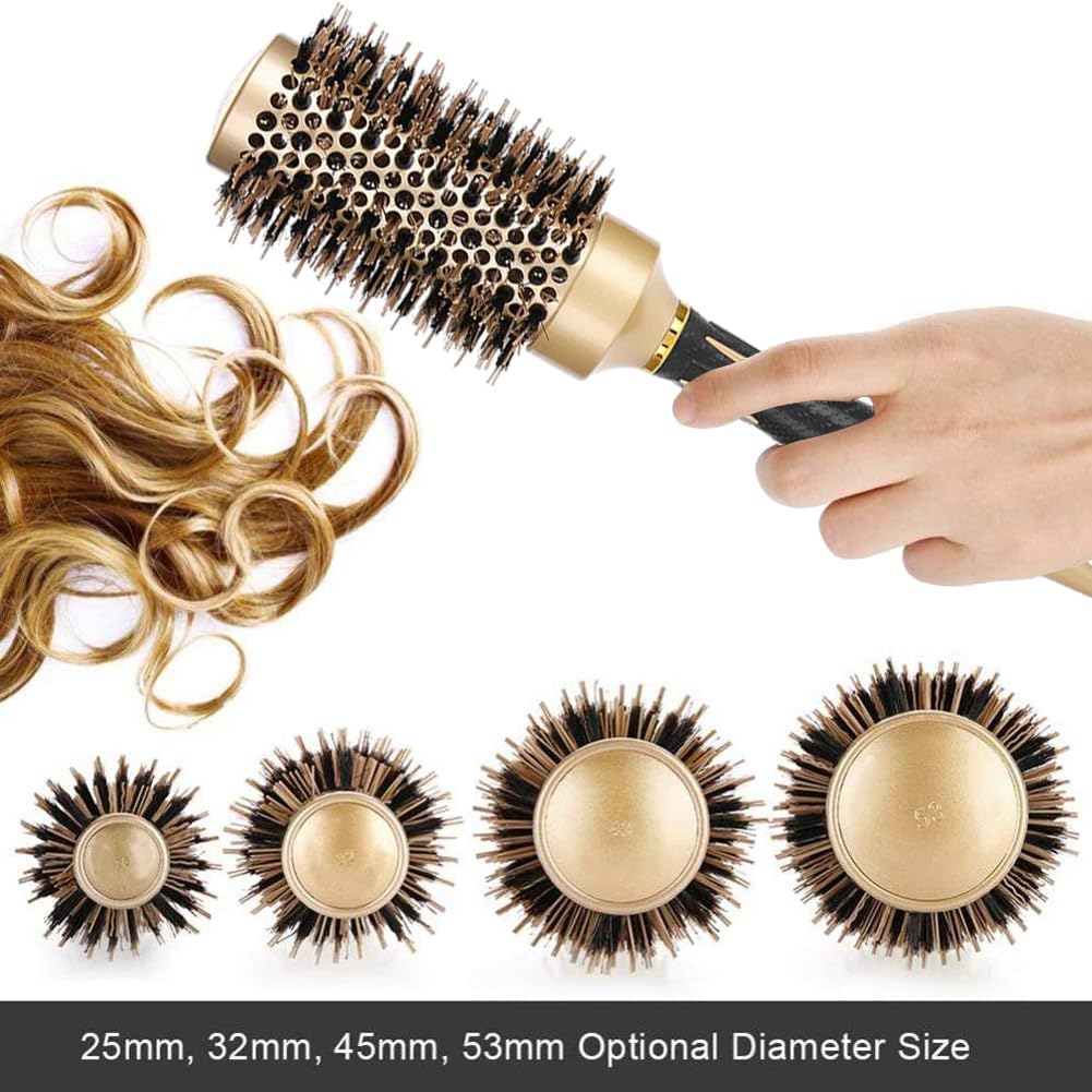 Aozzy Hair Brush, Round Brush Set for Blow Drying - Professional Boar Bristle Hair Styling Brush, Nanothermic-Ion Technology, Vented Ceramic Barrel, for Women - 4 Size Options, Golden