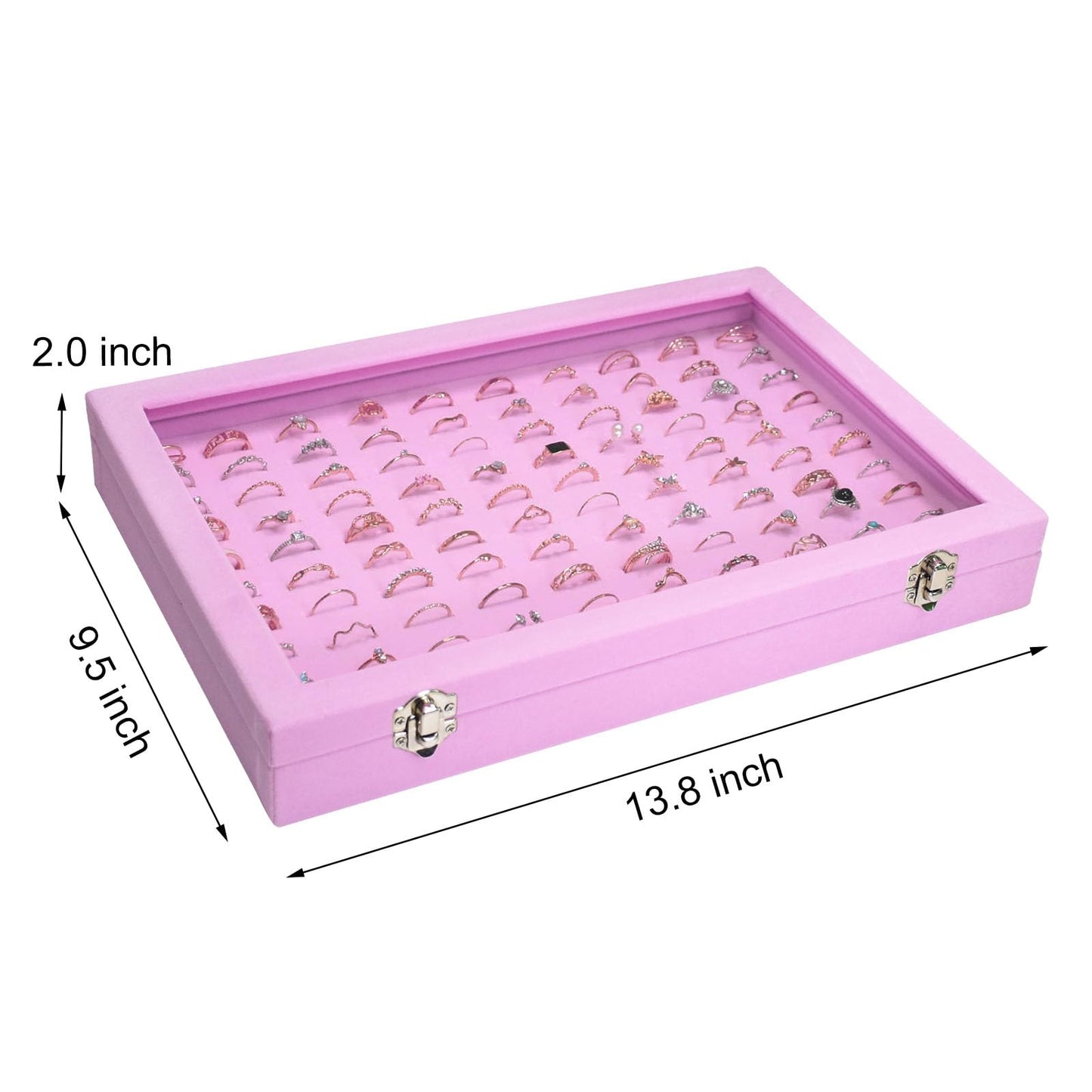Siveit Velvet Ring Display Tray Organizer Box with Transparent Lid, 100 Slot Ring Holder Showcase For Store Display Jewelry Show Home, Pink