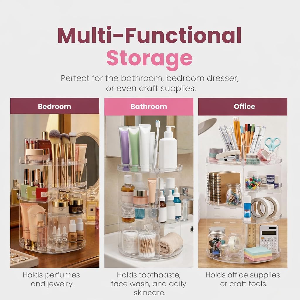 Masirs 360 Rotating Makeup Organizer Countertop - Adjustable Shelf Height - The Perfect Round Spinning Cosmetic Organizer for Bedroom Dresser or Vanity Countertop Storage (Clear)