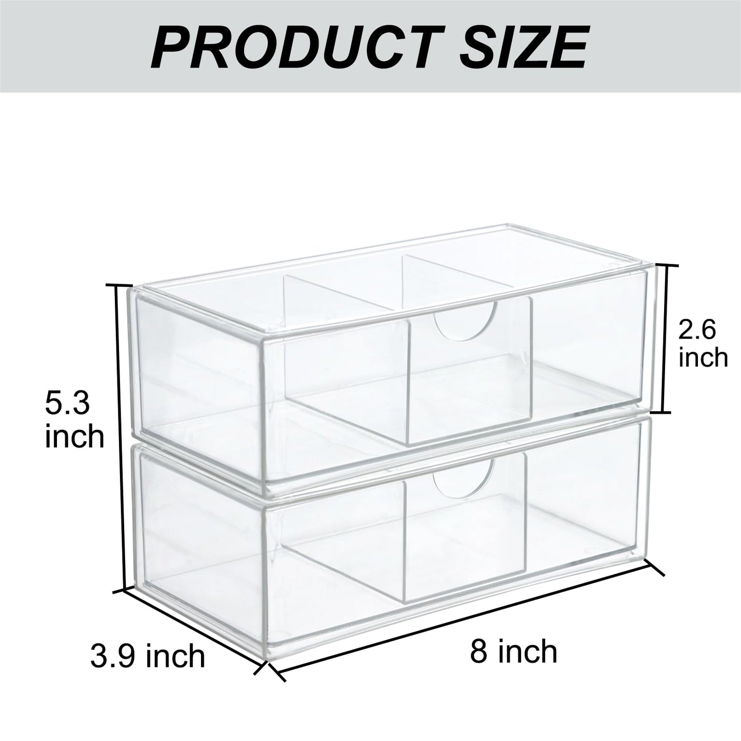 Set of 2 Stackable Storage Drawers - 7.8" Clear Plastic Drawer Storage, Acrylic Makeup Organizer, Desk Counter Cabinet Office Organizer, Bathroom Organizers and Storage (3 Grid/Set of 2)