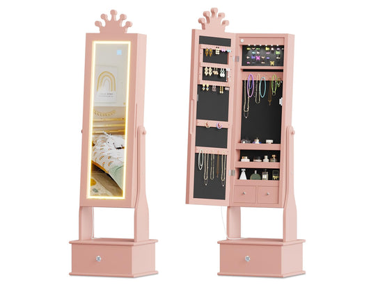 GarveeHome Kids Jewelry Armoire,Child Jewelry Cabinet with Led Light,Freestanding Jewelry Organizer with Full-Length Mirror,3 Storage Drawers,Kids Vanity Dress Up Jewelry Cabinet for Girls（light Pink