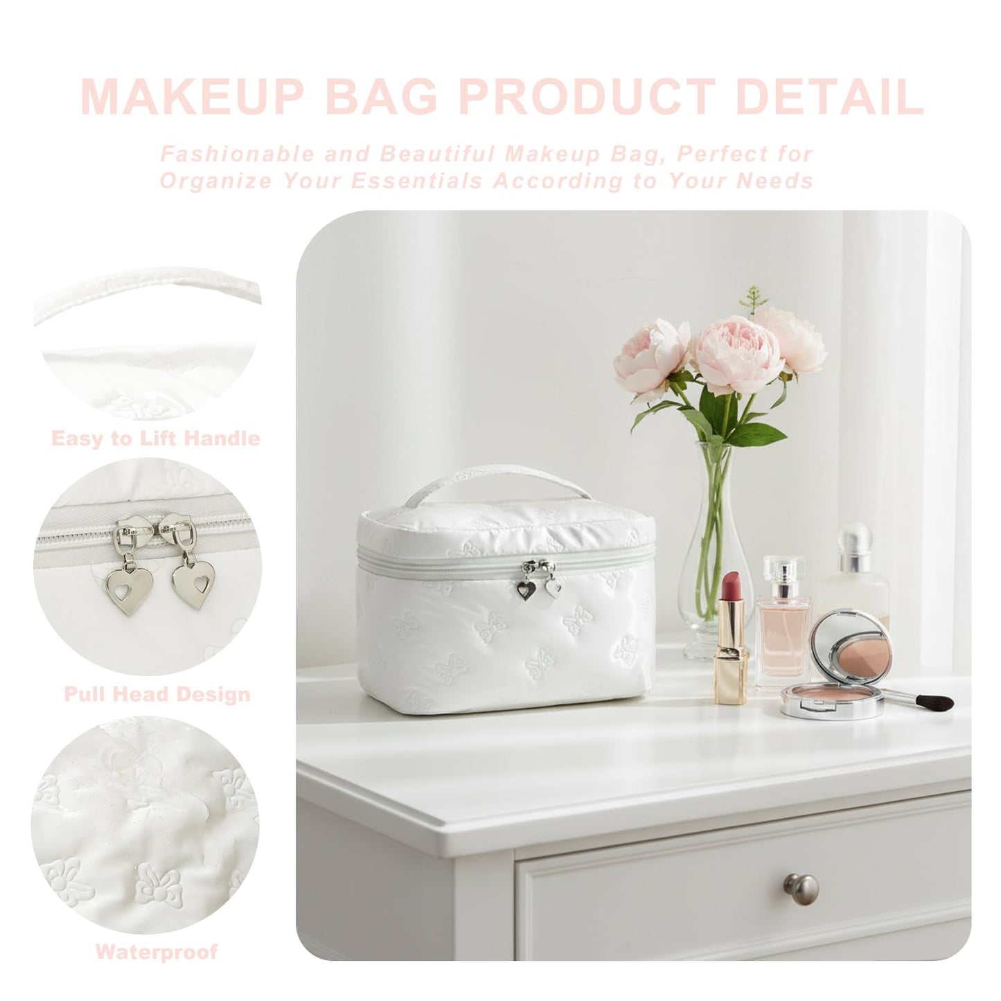 Alamealle 3PCS Large Cosmetic Bags Travel Makeup Bag Set with Mesh Pocket Portable Cute Toiletry Bag Aesthetic Make Up Organizer with Handle for Women (03 White 3PCS)