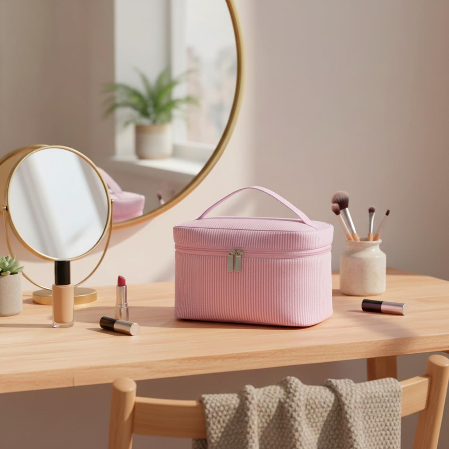 Huhumy Large Makeup Bag for Women Toiletry Bag, Aesthetic Cute Seersucker Cosmetic Pouch, Teen Gift for Her Mom Girlfriend Wife Teacher Aesthetic Skincare Brushes Storage Organizer(Pink)
