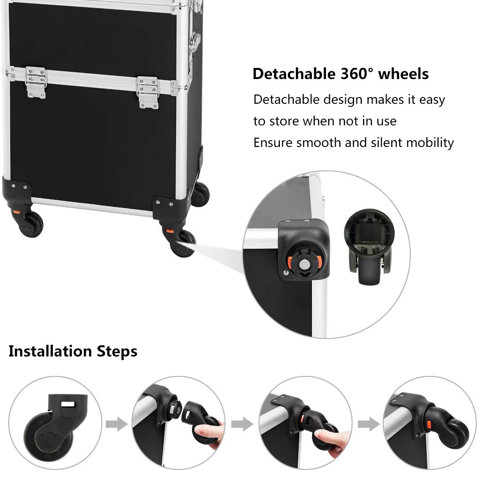 mefeir 3 in 1 Rolling Makeup Train Case, Aluminum Makeup Travel Organizer Cosmetic Case, Cosmetology Display Suitcase on Wheels, Beauty Storage Luggage Lockable w/4 Removable Wheels, Black
