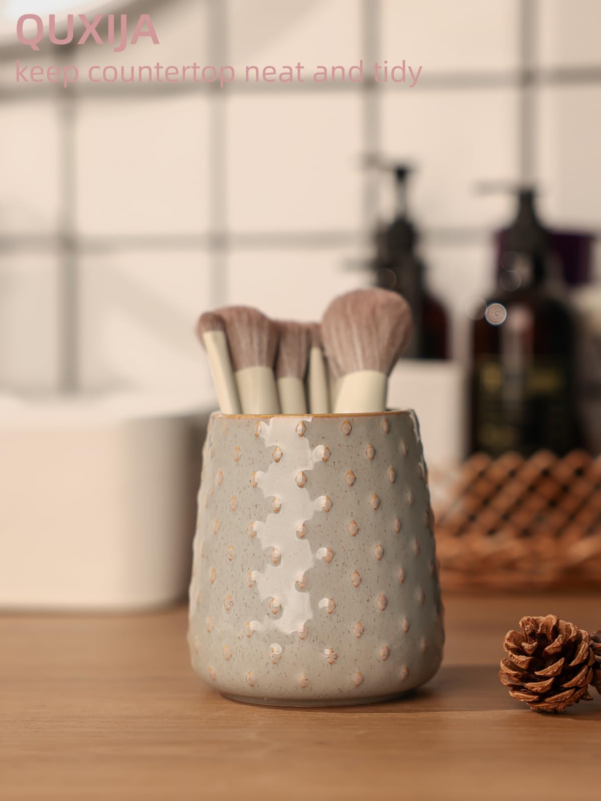 QUXIJA Ceramic Makeup Brush Holders Bathroom Vanity, Brushes Cup (Vintage Grey)