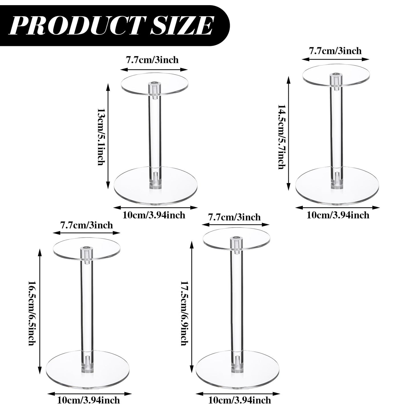 Soaoo 4 Pcs Round Acrylic Display Stands Small Clear Display Risers Plastic Clear Acrylic Pedestal Set for Hat Jewelry Watch Plant Cake (4 Size)