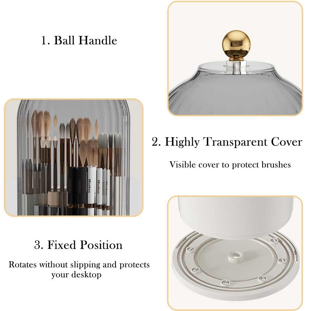 Haiansan Makeup Brush Holder Organizer with Lid, 360° Rotating Clear Dustproof Cosmetics Storage, Makeup Brushes Cup Pen Holder for Vanity Desktop Bathroom Countertop (Clear Black Cap)