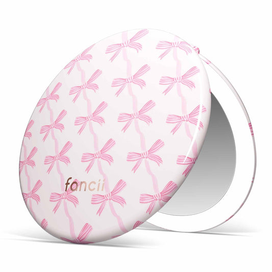 Fancii Taylor LED Lighted Travel Makeup Mirror, Rechargeable, 10x /1x Magnifying, Tru-Glow Lighting System, XL Large 5” Wide | Compact Mirror for Purses (Rosette Ribbon)