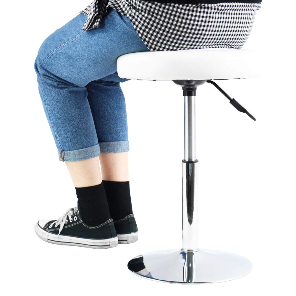 FURWOO Short Round PU Leather Shop Stool Chair Height Adjustable Step Stool Office Chair Vanity Stool Small White