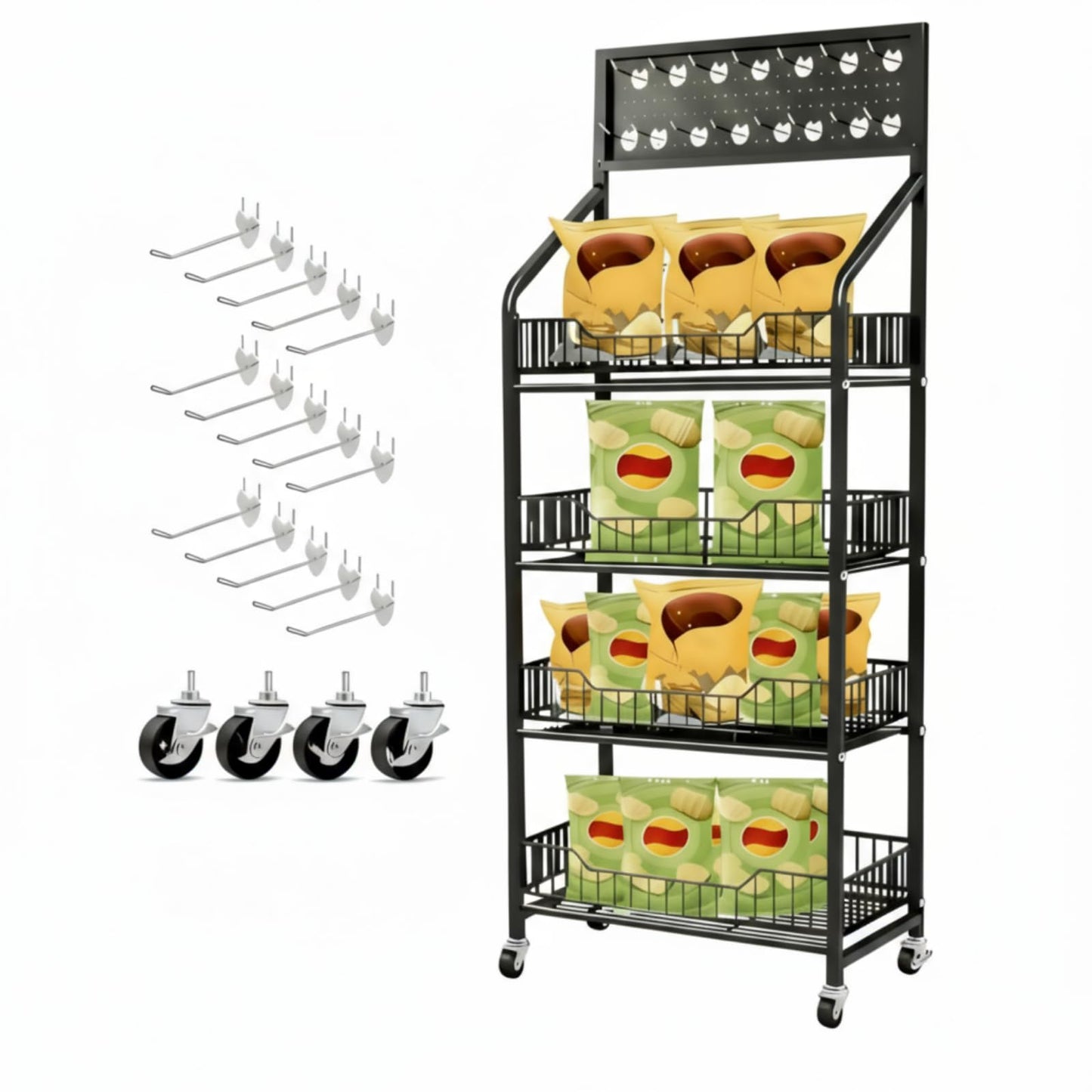 DoubleFill 1 Set 4 Tier Retail Display Rack Shelf Cart with Wheels and 15 Hook Heavy-Duty Metal Snack Potato Chip Display Organizer Concession Stand for Supermarket Grocery Store Home Black