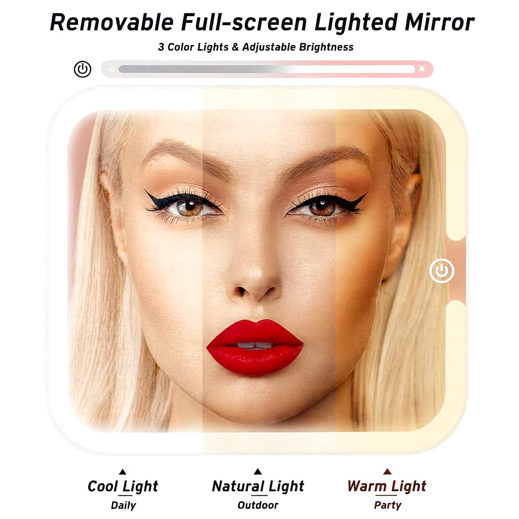 CIELINNE Travel Makeup Bag with LED Mirror, Portable Cosmetic Train Case, Adjustable Brightness in 3 colors Dividers & Brush Holder, Large Organizer Fall in love with your Reflection