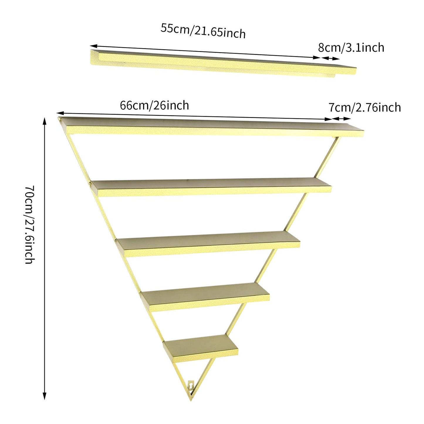 InnaMall 5 Tier Wall-Mounted Nail Polish Display Rack, 6PCS Metal Triangular Nail Polish Racks Holds Up to 90 Bottles Each Triangle for Nail Salon, Cosmetics & Beauty Shop Gold