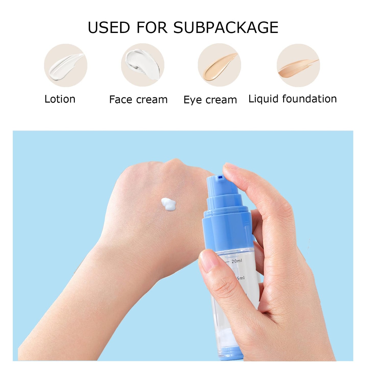 XQNCBY 0.7oz/20ml Travel Airless Pump Bottles, 5 Pack Refillable Vacuum Cosmetic Containers with Clear Organizer Case & Labels, Small Lotion Dispenser Bottles for Skincare, Toiletries & Cosmetics