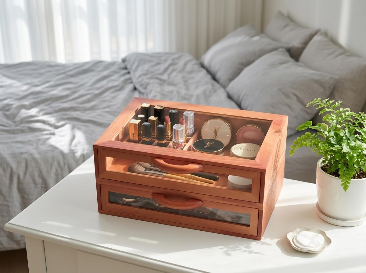 MXWLEIEL Wood Stackable Storage Drawers,Clear Lid Acrylic Makeup Organizer for,Desk Organizers, Beauty Supplies,Makeup Palettes,Home Organization (2, Wooden Orange)
