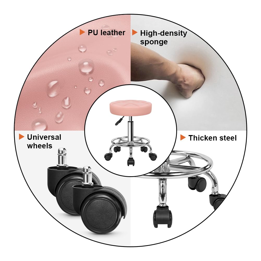 KKTONER Round Rolling Stool Chair PU Leather Height Adjustable Swivel Drafting Work SPA Shop Salon Stools with Wheels Office Chair Small (Pink)