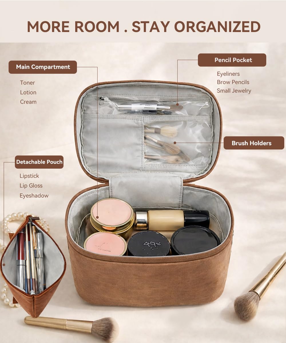 Hemompito Cosmetic Bag for Women, Large Makeup Bag with Detachable Small Bag, Waterproof Makeup Pouch with Handle & Multiple Compartments, Smooth Zippers, Easy to Clean, Built to Last for Home, Travel