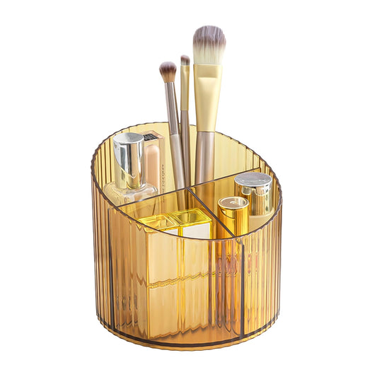 DASITON 3 Slots Makeup Brush Holder, Acrylic Makeup Brush Cup, Vintage Striped Make Up Brush Holder for Vanity Decor, Bathroom Countertops, Desk Storage Container, Cosmetic Display Cases (Yellow)