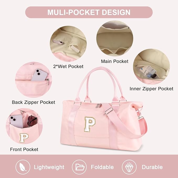 Dance Gym Duffel Bag for Teen Girls, Personalized Initial Travel Weekender Bag,Cute Overnight Carry On Duffle for Women,Sports Travel Cheer Bag,Monogram Christmas Gifts for Tween Preppy(pink-P)