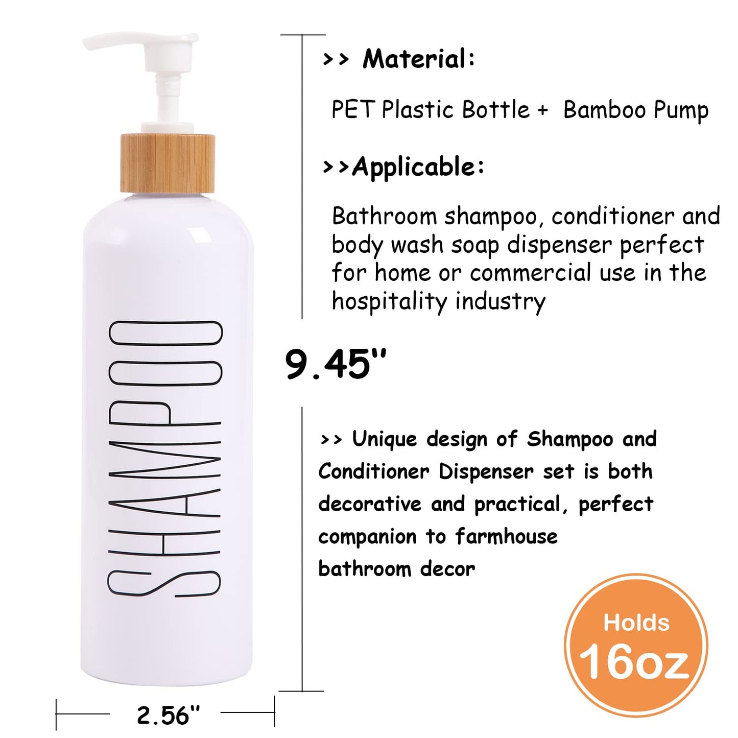 HOMCDALY Shampoo and Conditioner Dispenser, 16oz 3-Pack Refillable Shampoo and Conditioner Bottles, Empty Shampoo Bottles Refillable with Bamboo Pump, Bathroom Shower Shampoo Dispenser Set