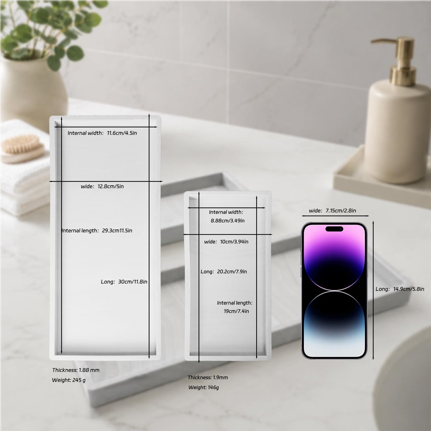 BBK Bathroom Vanity Tray - 2 Pack (7.8" and 11.8") Silicone Bathroom Trays for Counter, Perfume Key Trinket Ring Tray, Decor Soap Dispenser Countertop Tray for Kitchen Sink Organization (Marble Gray)