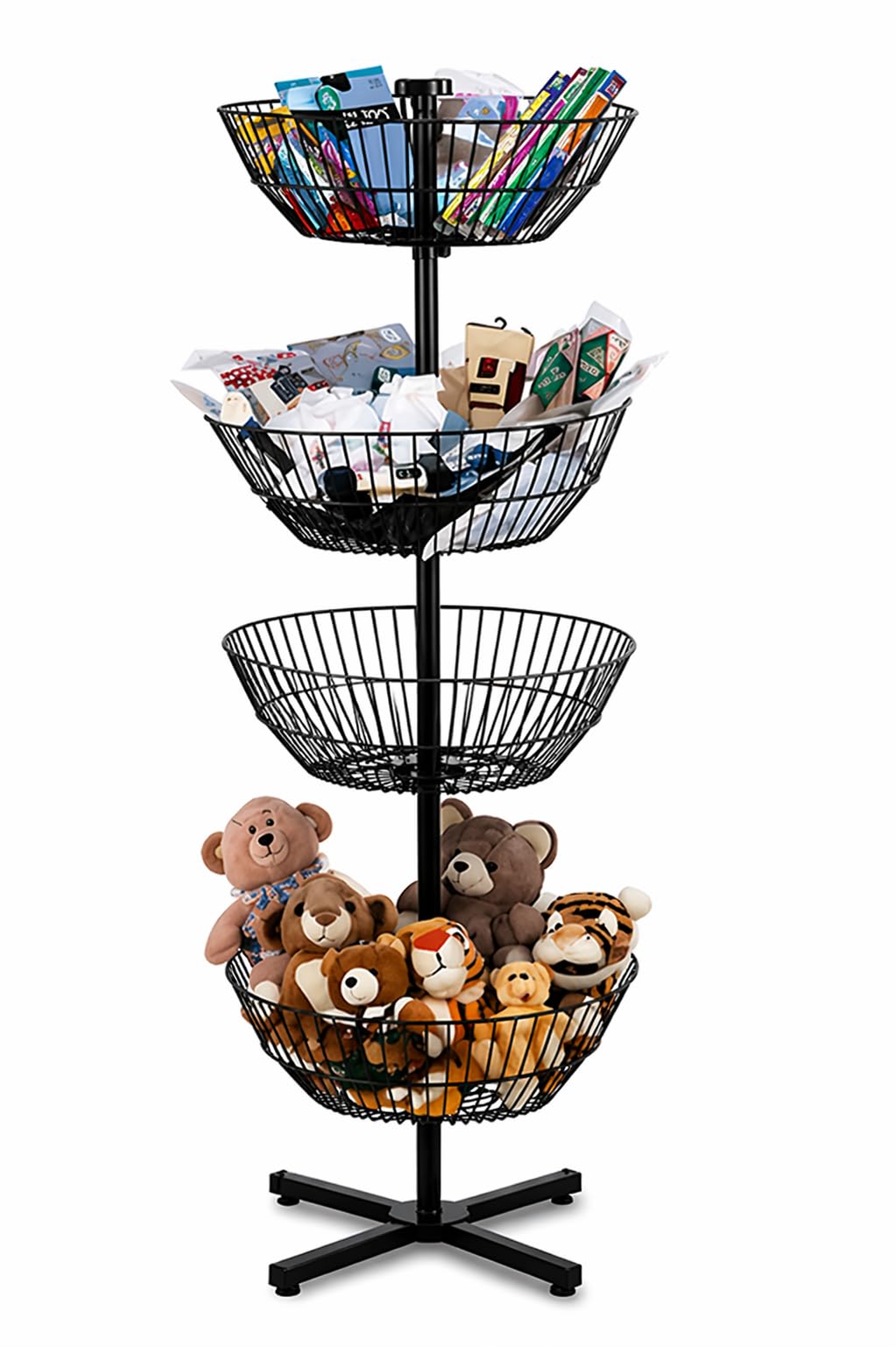 STEELAID 4 Tier Rotating Wire Basket Display Stand Dump Bin, Heavy Duty Metal Floor Merchandising Rack for Candy Snacks Chips Toys Drinks, Spinner Retail Organizer with Stable Cross Base, Black