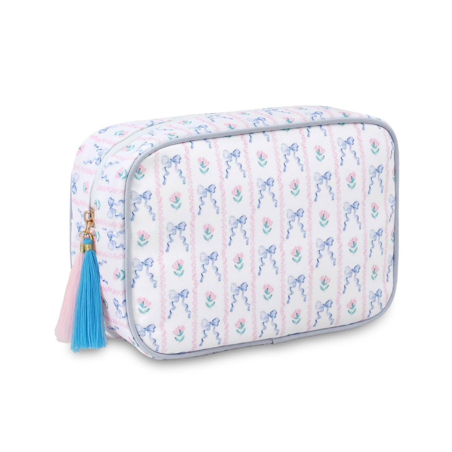 EMBRUNIOICE Makeup Bag Travel Cosmetic Bag Organizer Tassel Toiletry Bag Large Canvas Zipper Pouch and Accessories Storage Bag for Women (Blue Bow)
