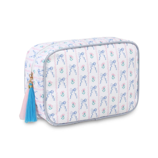 EMBRUNIOICE Makeup Bag Travel Cosmetic Bag Organizer Tassel Toiletry Bag Large Canvas Zipper Pouch and Accessories Storage Bag for Women (Blue Bow)