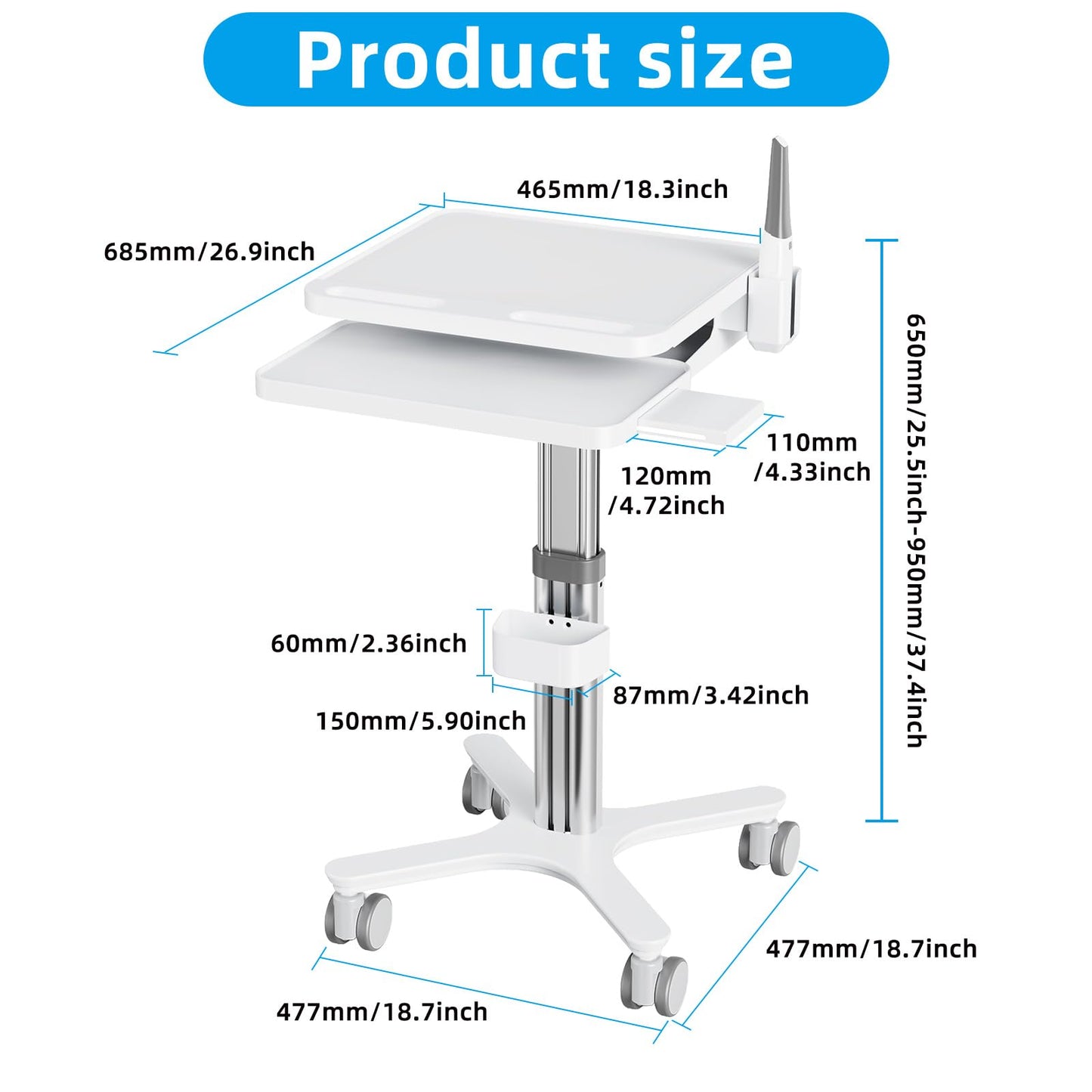 Medical Cart Height Adjustable Rolling Trolley with Oral Scanner Holder & Laptop Tray, for Dental Clinic, Hospital & Beauty Salon