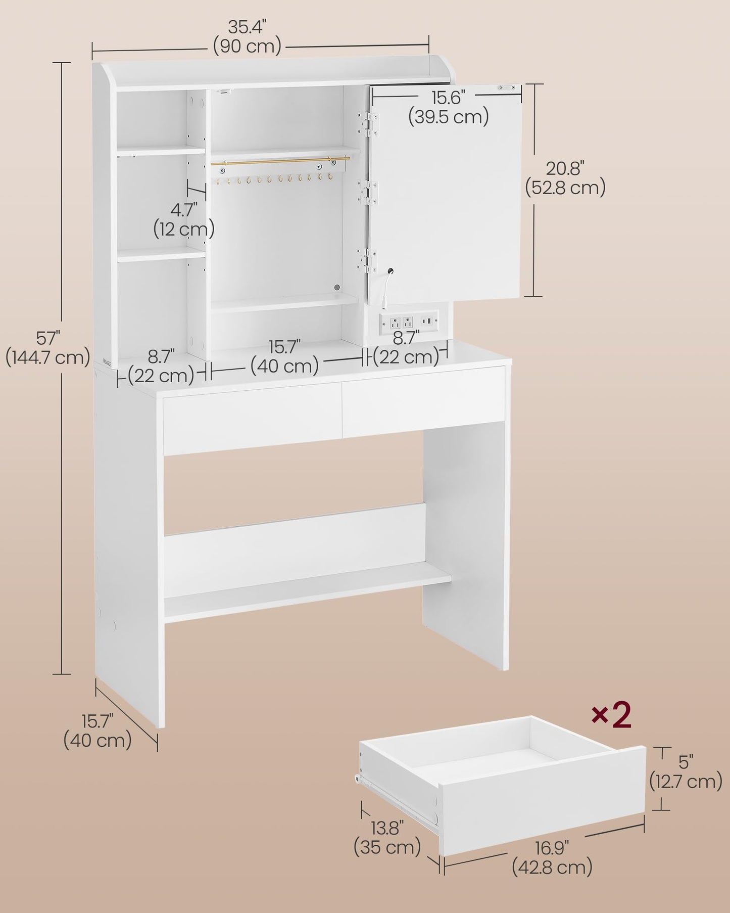 VASAGLE KAILYN Collection - Vanity Desk with Power Outlets, Makeup Vanity with Mirror and Lights, Upholstered Vanity Stool, 6 Compartments, 2 Drawers, for Bedroom, Cloud White URDT031WB02S