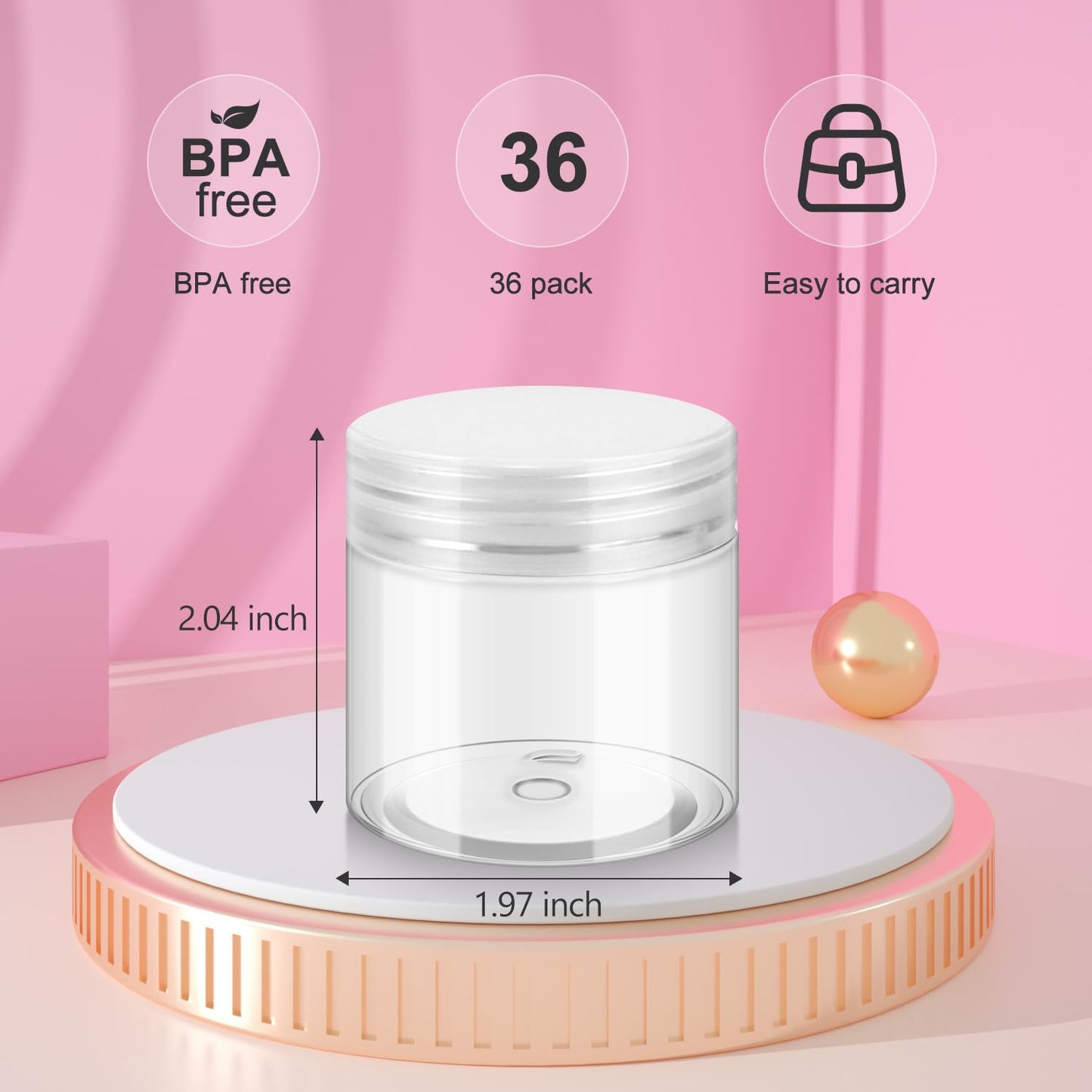 Loretoy 36 Pack 2 OZ Plastic Jars with Lids, BPA Free, Reusable, Refillable Transparent Cosmetic Containers for Bath Salts, Cosmetics, Powders, Beauty Product and Small Accessories - White