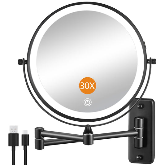 DECLUTTR 1X/30X Wall Mounted Lighted Makeup Mirror, 8" Rechargeable Double Sided Magnifying Mirror with Light, 3 Color Lights Touch Dimmable, Extended Swivel Makeup Mirror
