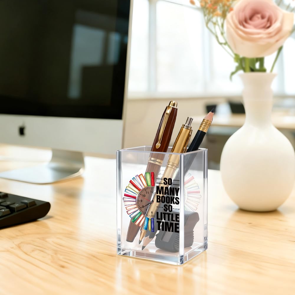 Mhfpl So Many Books So Little Time Acrylic Cosmetic Pencil Pen Holder Cup, Funny Bookworm Gifts for Reader Book Lover Student Librarian Book Club Member, Birthday Christmas Gifts for Student Teacher