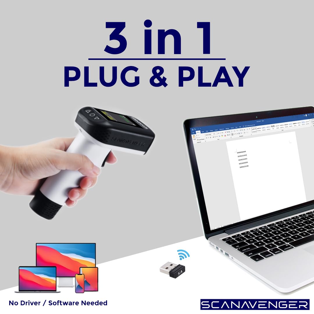 ScanAvenger Wireless Portable 1D with Stand Bluetooth Barcode Scanner: Hand Scanner 3-in-1, Cordless, Rechargeable Scan Gun for Inventory (1D&2D with LCD Display and Upgraded Next Gen Stand)