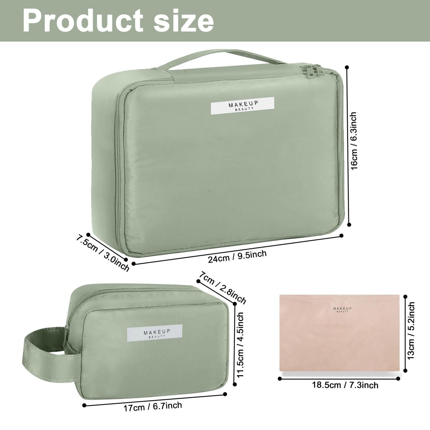 Queboom Travel Makeup Bag Cosmetic Bag Makeup Bag Toiletry bag for women and men (Green-3pcs)