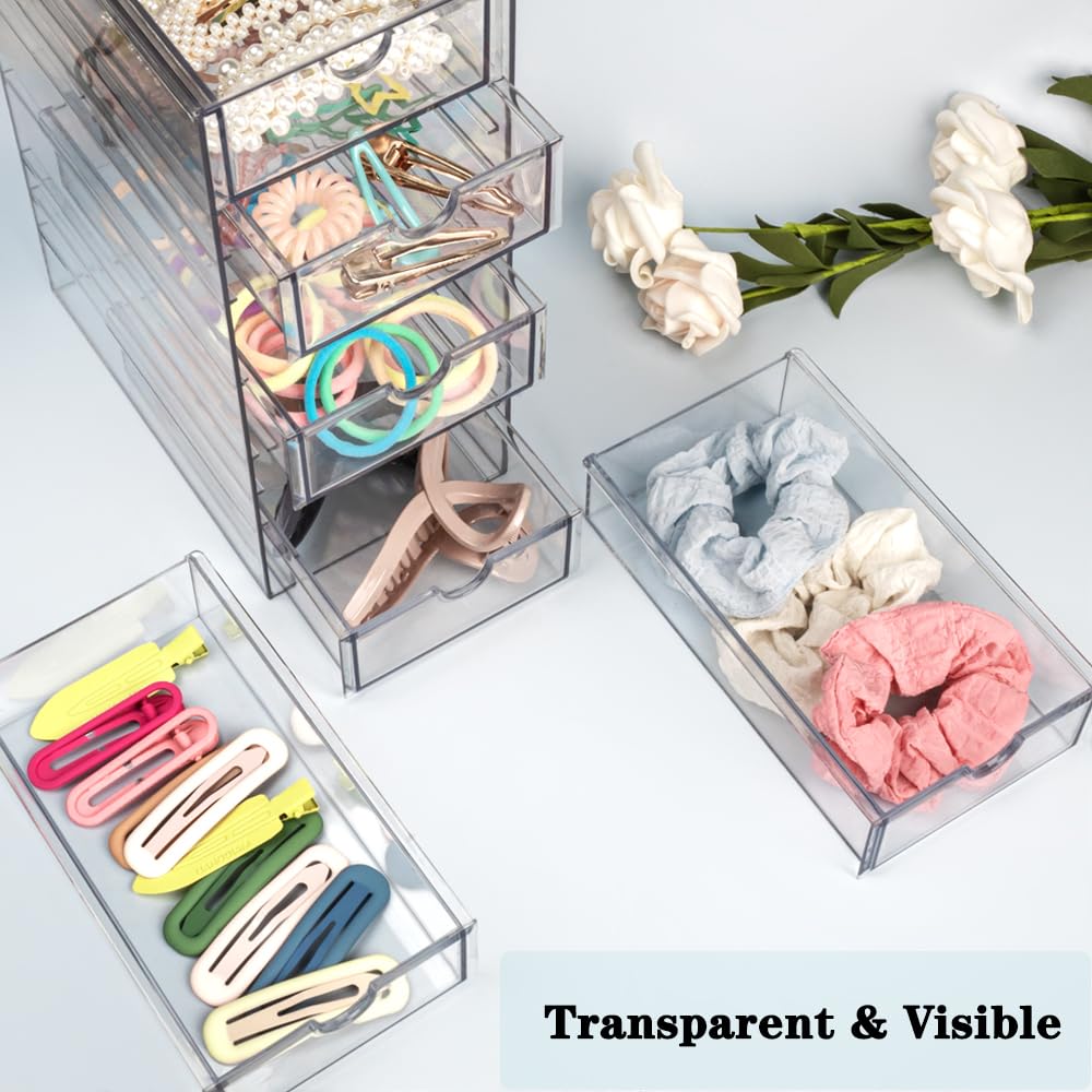 Clear Hair Accessories Organizer Box with 6 Layers, Acrylic Stackable Storage Drawers for Hair Ties, Claw Clips, Bow Holder for Girls, Vanity Makeup Organizer, Bathroom or Desk Countertop Container