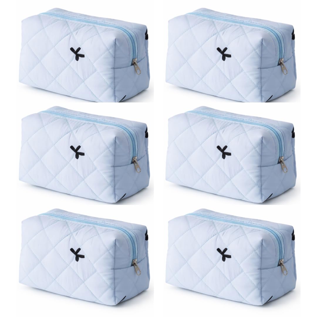 LUCKAYA 6 Pc Bulk Quilted Makeup Bag Set with Trendy Bow design for Women & Girls, Travel Cosmetic Bags, Bridesmaid Gift Set, Party Favor Makeup Pouches, Trendy Makeup Organizer for Toiletries (Blue)
