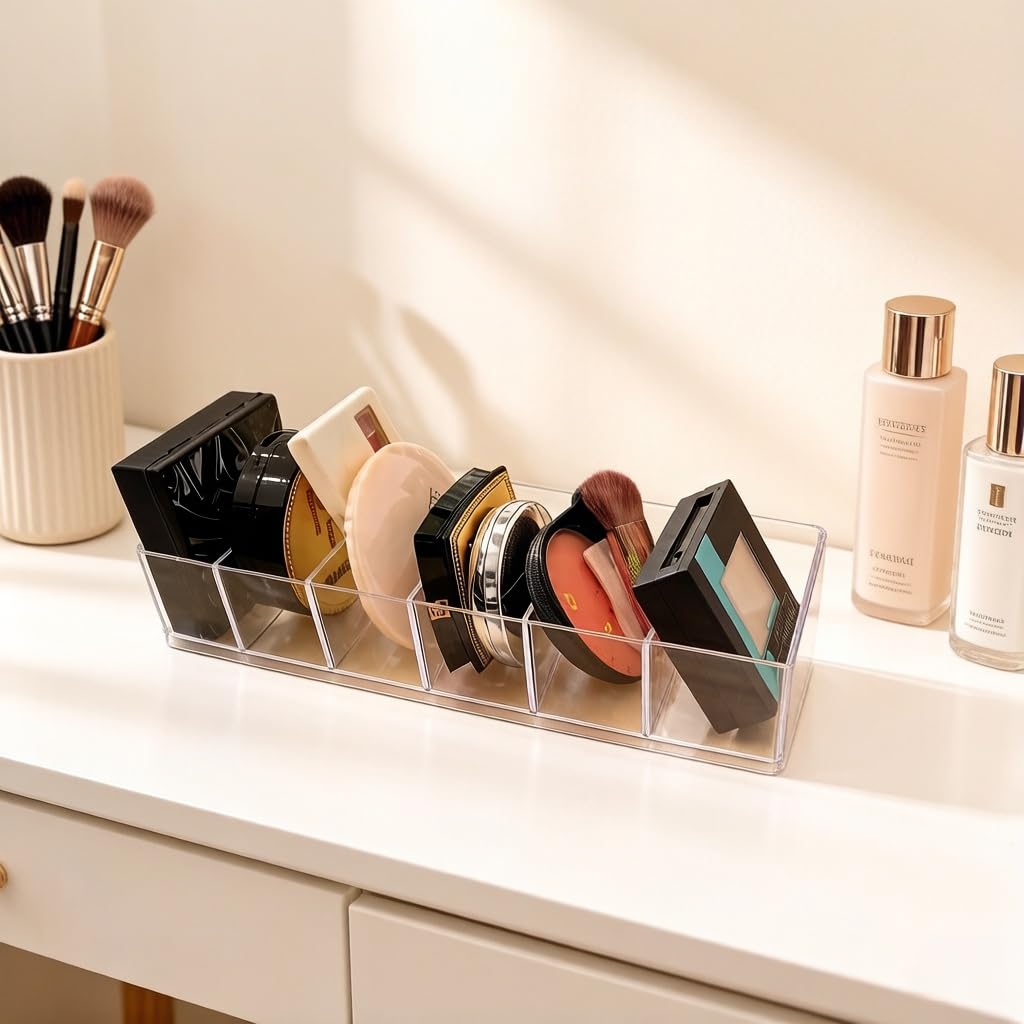 DYMSUP 6-Compartment Clear Acrylic Organizer with Detachable Dividers, Eyeshadow Palette & Cosmetic Holder for Vanity Drawer, Cosmetic Station & Makeup Desktop
