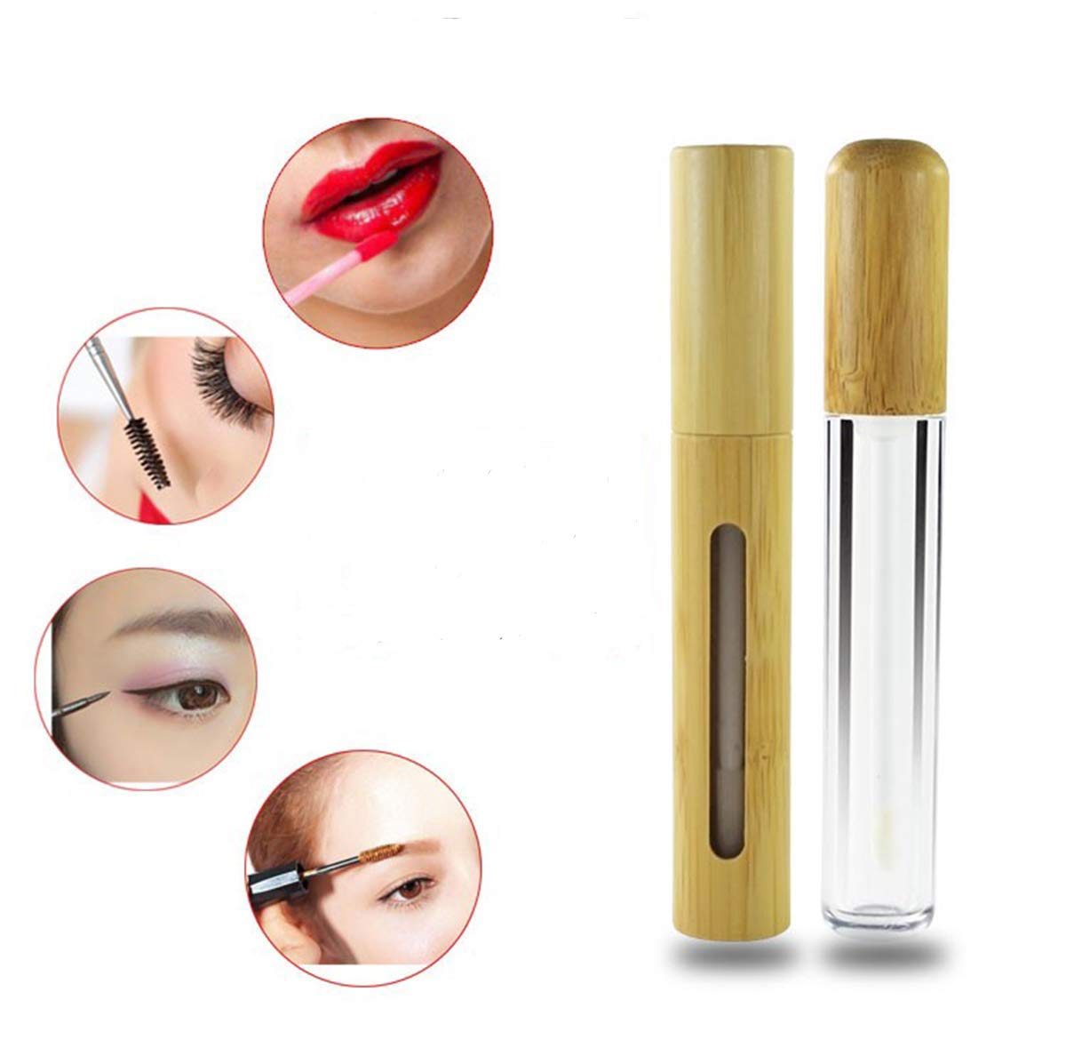 Healthcom 6 Pieces 6ml Bamboo Lip Gloss Tubes Empty Refillable Plastic Lip Balm Bottles Vials with Wand DIY Lipstick Tubes Lipgloss Tube Travel Cosmetic Container Samples for Girl Women Makeup